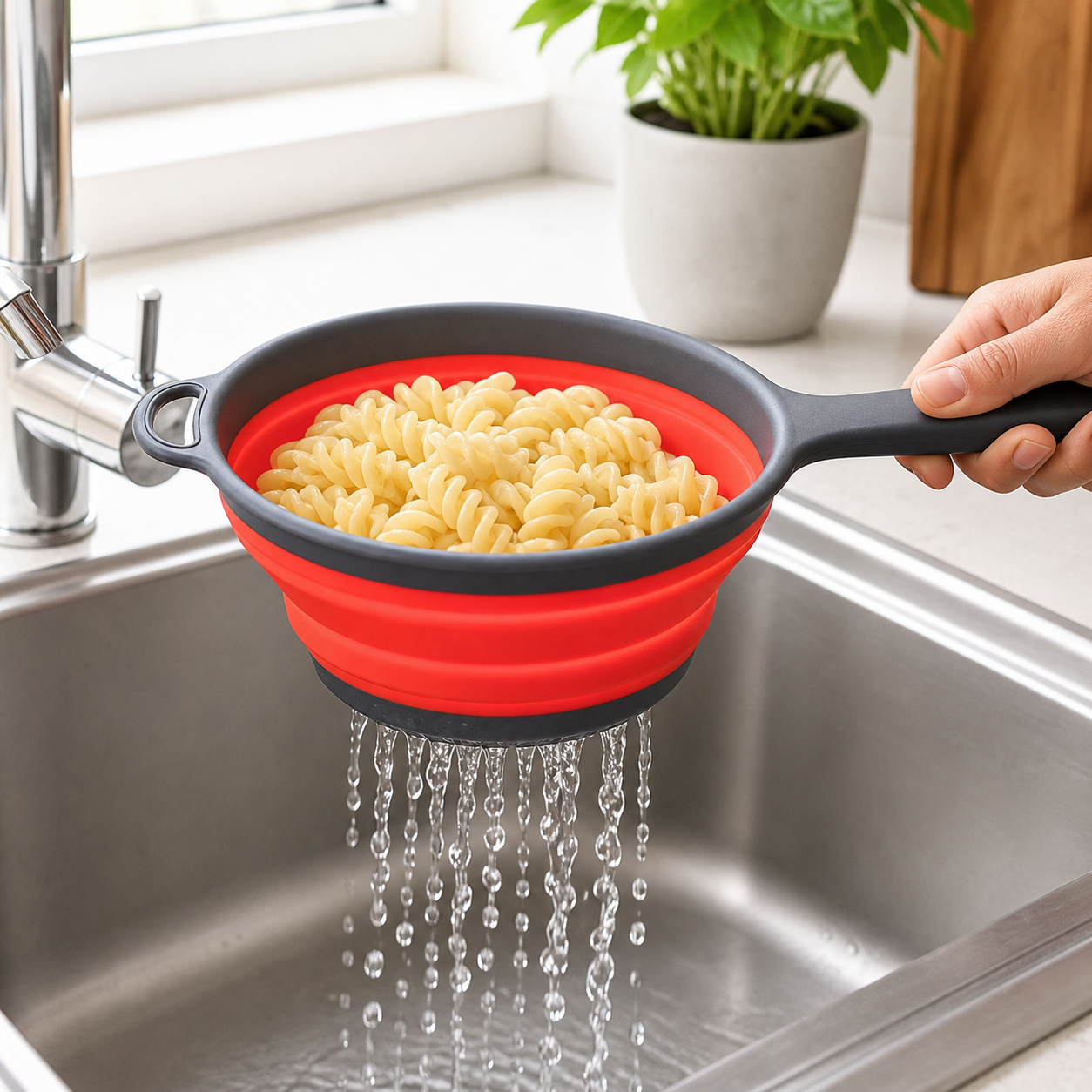 Colador plegable de silicona con mango escurriendo pasta en la cocina