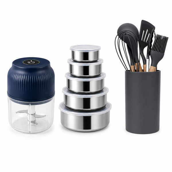 Combo cocina completa: picadora eléctrica USB, set de 5 recipientes de acero inoxidable y set de 7 utensilios de silicona