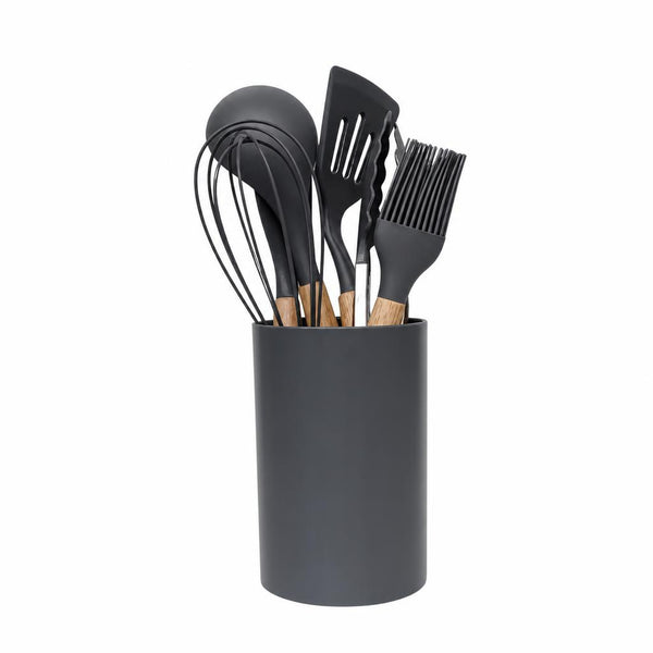 Set de 7 utensilios de cocina en silicona y madera, foto de estudio